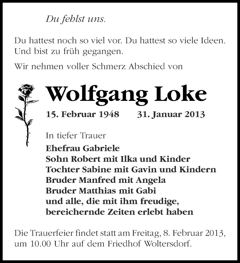  Traueranzeige für Wolfgang Loke vom 02.02.2013 aus Märkische Oderzeitung