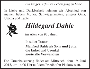 Traueranzeige von Hildegard Dahle von Märkische Oderzeitung