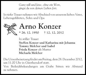 Traueranzeige von Arno Konzer von Märkische Oderzeitung