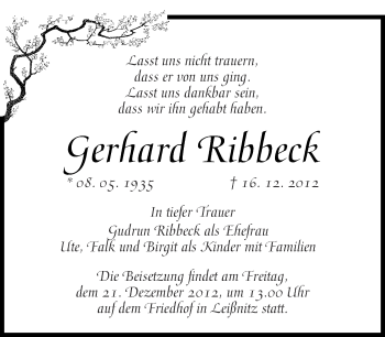 Traueranzeige von Gerhard Ribbeck von Märkische Oderzeitung