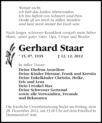 Traueranzeige von Gerhard Staar von Märkische Oderzeitung