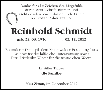 Traueranzeige von Reinhold Schmidt von Märkische Oderzeitung