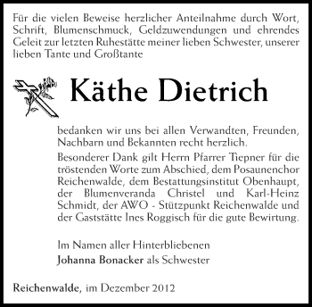 Traueranzeige von Käthe Dietrich von Märkische Oderzeitung