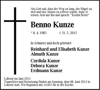 Traueranzeige von Benno Kunze von Märkische Oderzeitung