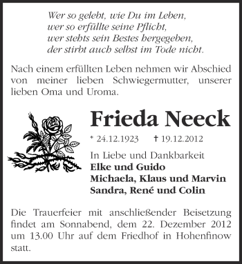 Traueranzeige von Frieda Neeck von Märkische Oderzeitung