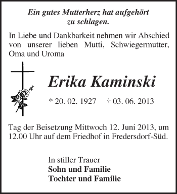 Traueranzeige von Erika Kaminski von Märkische Oderzeitung