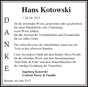 Traueranzeige von Hans Kotowski von Märkische Oderzeitung