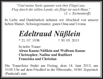 Traueranzeige von Edeltraud Nüßlein von Märkische Oderzeitung