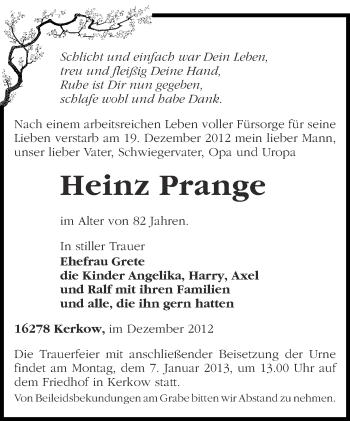 Traueranzeige von Heinz Prange von Märkische Oderzeitung