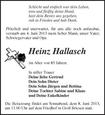 Traueranzeige von Heinz Hallasch von Märkische Oderzeitung