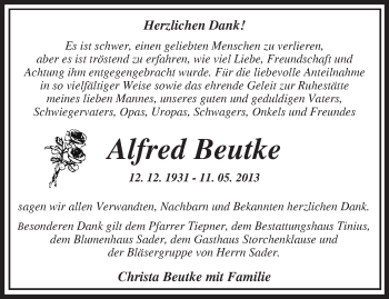 Traueranzeige von Alfred Beutke von Märkische Oderzeitung