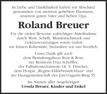 Traueranzeige von Roland Breuer von Märkische Oderzeitung