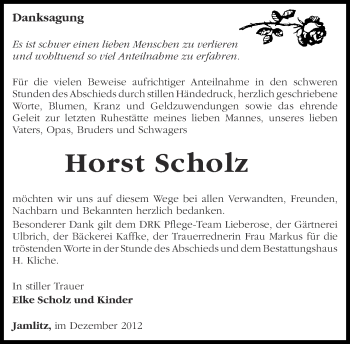 Traueranzeige von Horst Scholz von Märkische Oderzeitung