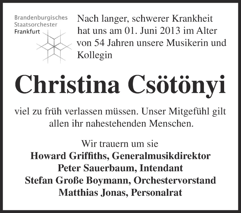  Traueranzeige für Christina Csötönyi vom 08.06.2013 aus Märkische Oderzeitung