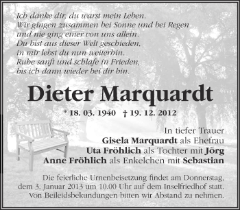 Traueranzeige von Dieter Marquardt von Märkische Oderzeitung