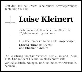 Traueranzeige von Luise Kleinert von Märkische Oderzeitung