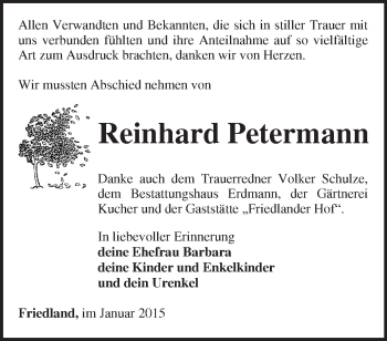 Traueranzeige von Reinhard Petermann von Märkische Oderzeitung