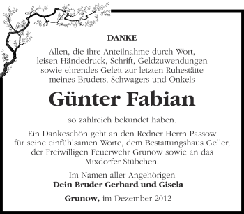 Traueranzeige von Günter Fabian von Märkische Oderzeitung