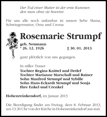 Traueranzeige von Rosemarie Strumpf von Märkische Oderzeitung