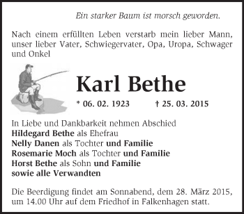 Traueranzeige von Karl Bethe von Märkische Oderzeitung