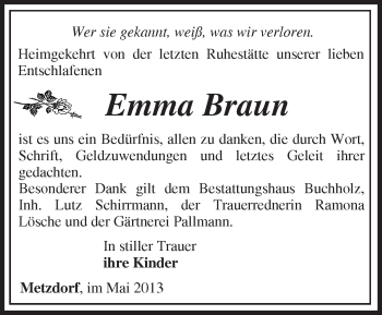 Traueranzeige von Emma Braun von Märkische Oderzeitung