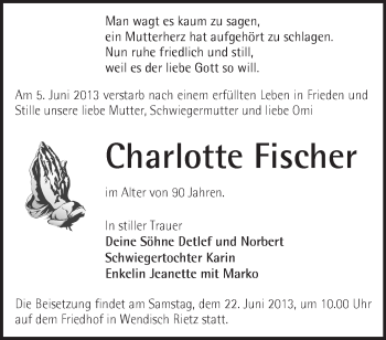 Traueranzeige von Charlotte Fischer von Märkische Oderzeitung