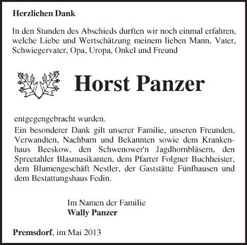 Traueranzeige von Horst Panzer von Märkische Oderzeitung