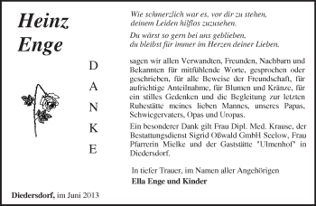 Traueranzeige von Heinz Enge von Märkische Oderzeitung