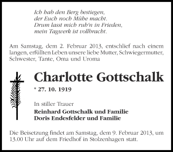 Traueranzeige von Charlotte Gottschalk von Märkische Oderzeitung