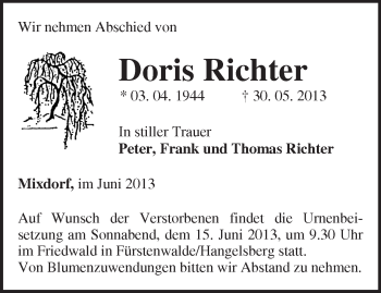 Traueranzeige von Doris Richter von Märkische Oderzeitung