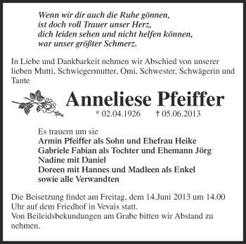 Traueranzeige von Anneliese Pfeiffer von Märkische Oderzeitung