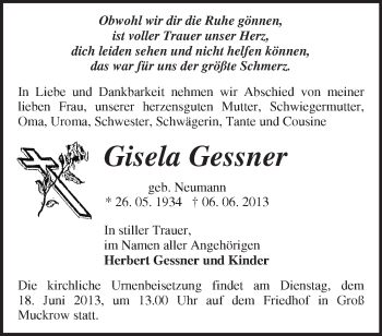 Traueranzeige von Gisela Gessner von Märkische Oderzeitung