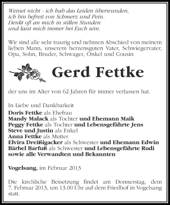 Traueranzeige von Gerd Fettke von Märkische Oderzeitung