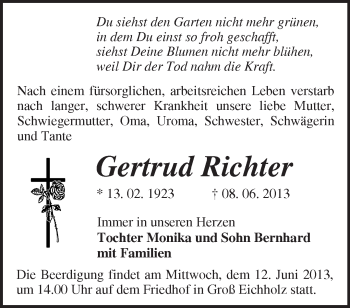 Traueranzeige von Gertrud Richter von Märkische Oderzeitung