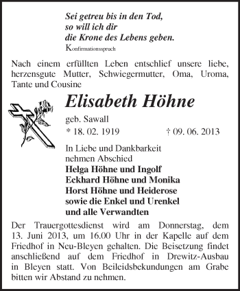 Traueranzeige von Elisabeth Höhne von Märkische Oderzeitung