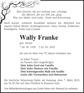 Traueranzeige von Wally Franke von Märkische Oderzeitung