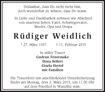 Traueranzeige von Rüdiger Weidlich von Märkische Oderzeitung