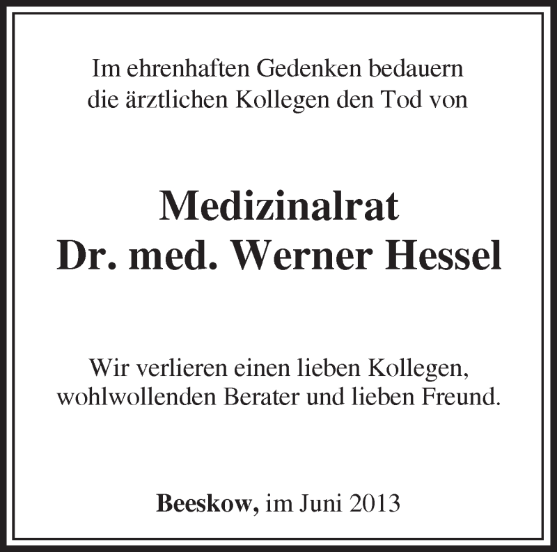  Traueranzeige für Werner Hessel vom 12.06.2013 aus Märkische Oderzeitung