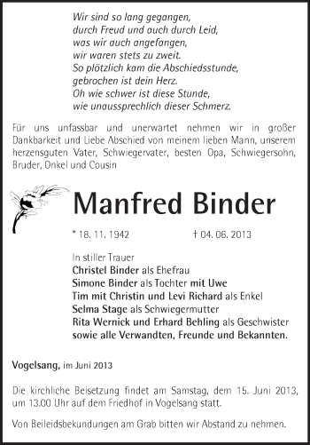 Traueranzeige von Manfred Binder von Märkische Oderzeitung