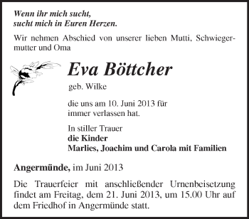 Traueranzeige von Eva Böttcher von Märkische Oderzeitung