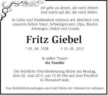 Traueranzeige von Fritz Giebel von Märkische Oderzeitung