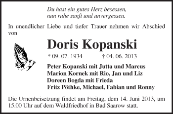 Traueranzeige von Doris Kopanski von Märkische Oderzeitung