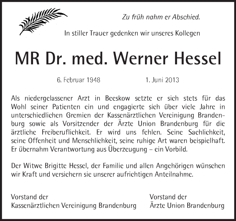  Traueranzeige für Werner Hessel vom 14.06.2013 aus Märkische Oderzeitung