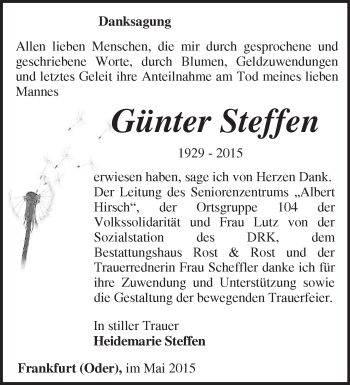 Traueranzeige von Günter Steffen von Märkische Oderzeitung