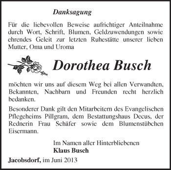 Traueranzeige von Dorothea Busch von Märkische Oderzeitung