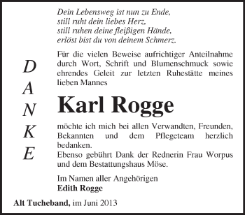 Traueranzeige von Karl Rogge von Märkische Oderzeitung