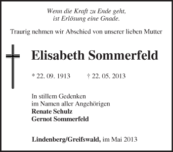 Traueranzeige von Elisabeth Sommerfeld von Märkische Oderzeitung