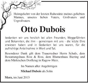 Traueranzeige von Otto Dubois von Märkische Oderzeitung