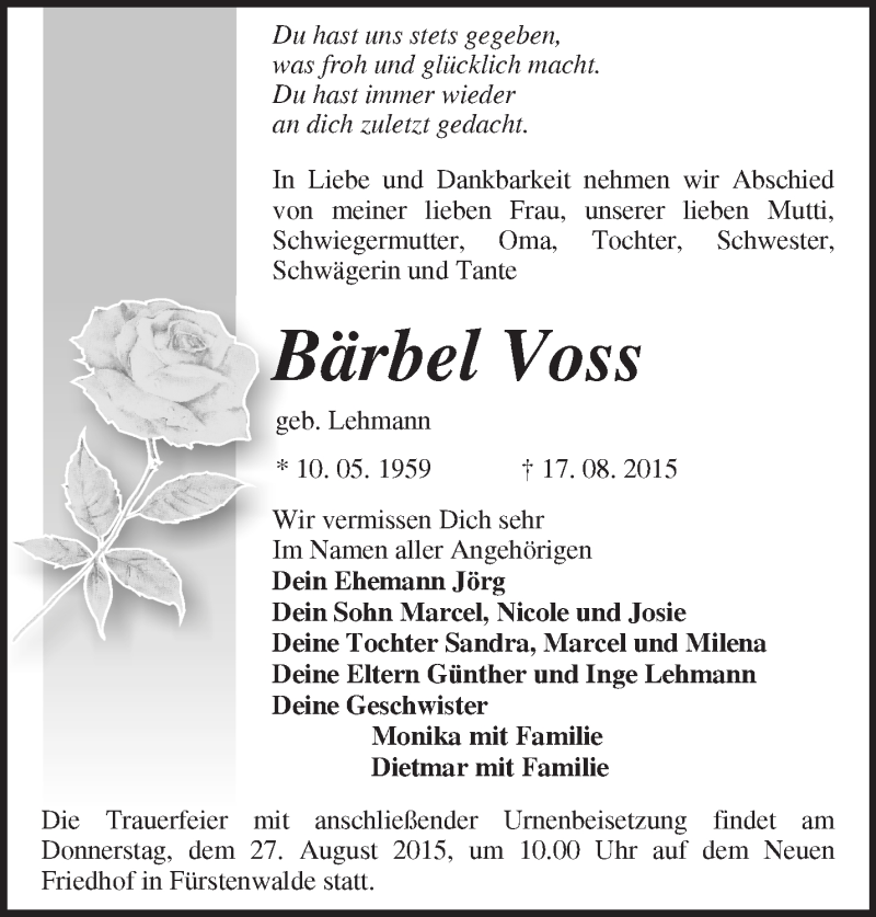  Traueranzeige für Bärbel Voss vom 22.08.2015 aus Märkische Oderzeitung