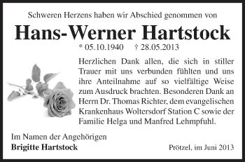 Traueranzeige von Hans-Werner Hartstock von Märkische Oderzeitung